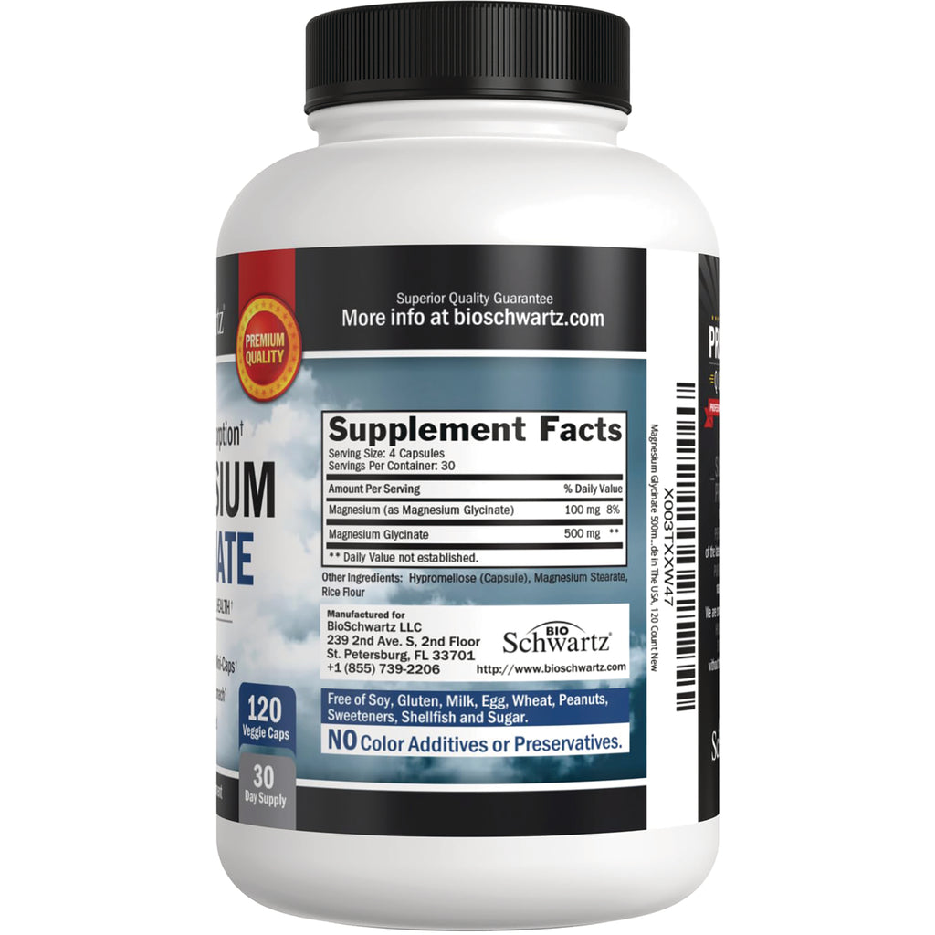 BSZ025 | Back label with Supplement Facts for magnesium glycinate, serving size 4 capsules, 120 veggie caps, 30 day supply - Thumbnail
