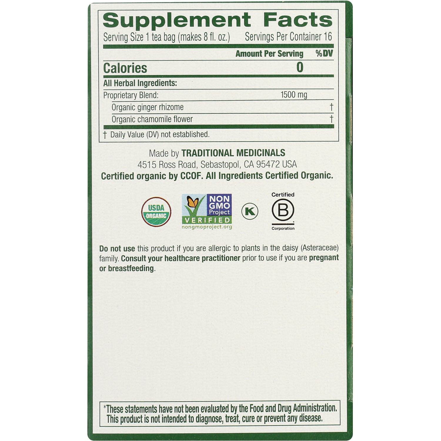 TMD019 | Supplement Facts and certifications on back panel; ginger rhizome, chamomile flower, proprietary blend 1500 mg