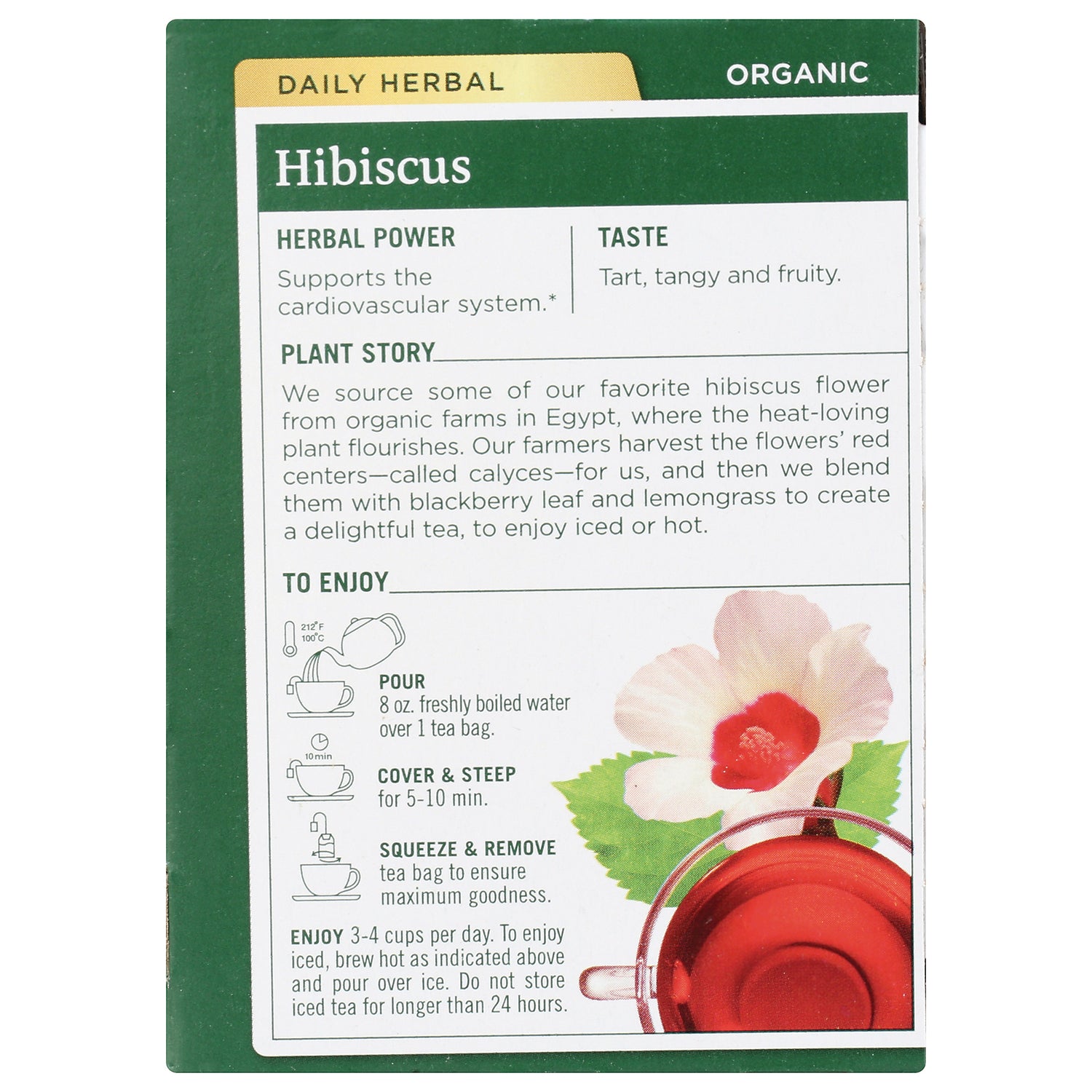 TMD049 | Back of Organic Hibiscus tea box with Herbal Power, Taste notes, and steeping instructions