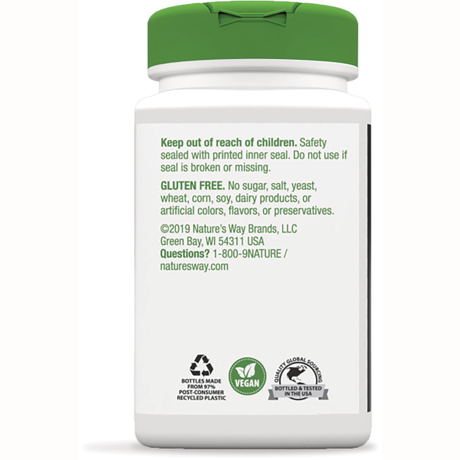 NW867 | back label of white supplement bottle with safety and gluten free statements, contact info, vegan and recycling icons