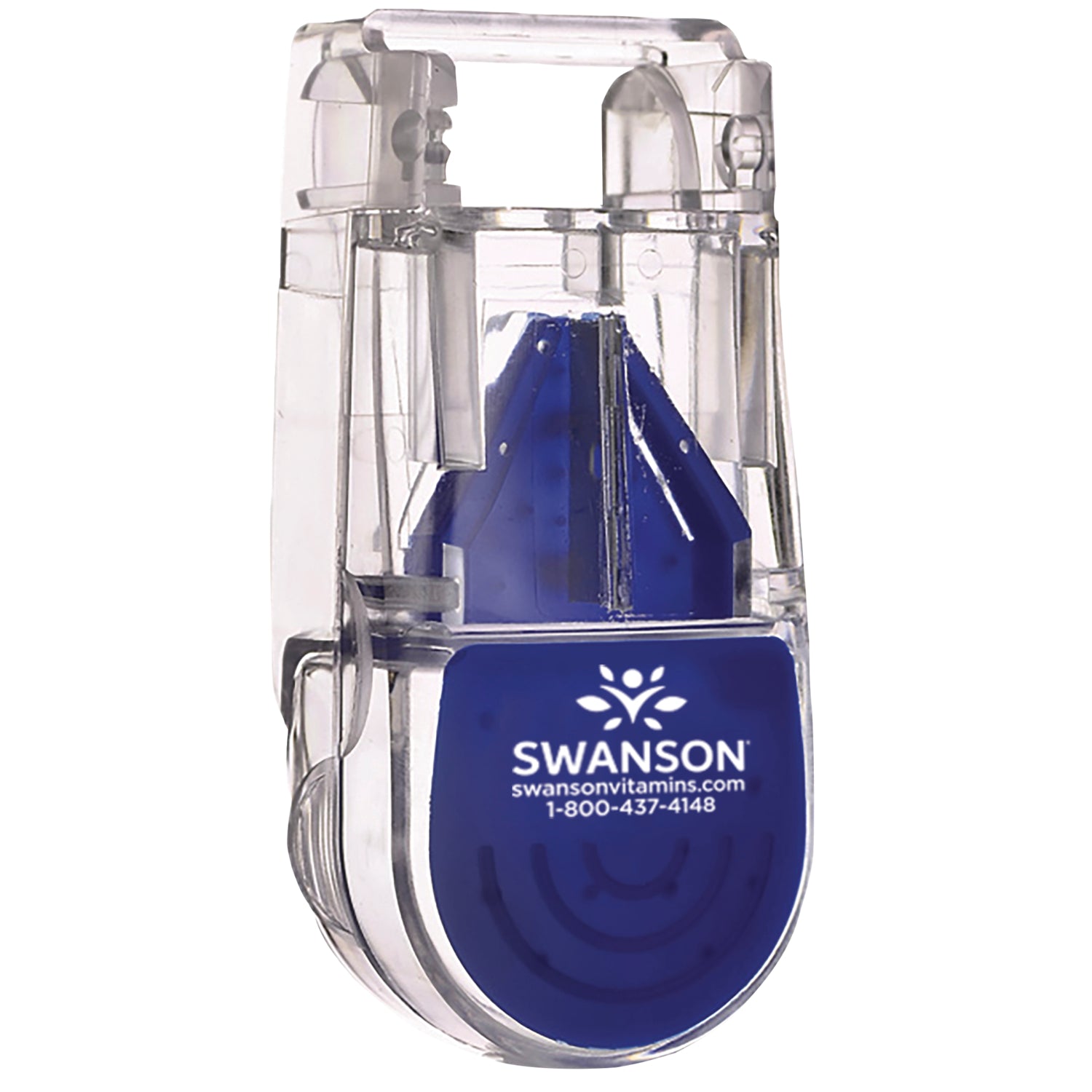 APX010 | Clear plastic pill cutter with blue panel reading SWANSON, swansonvitamins.com and 1-800-437-4148