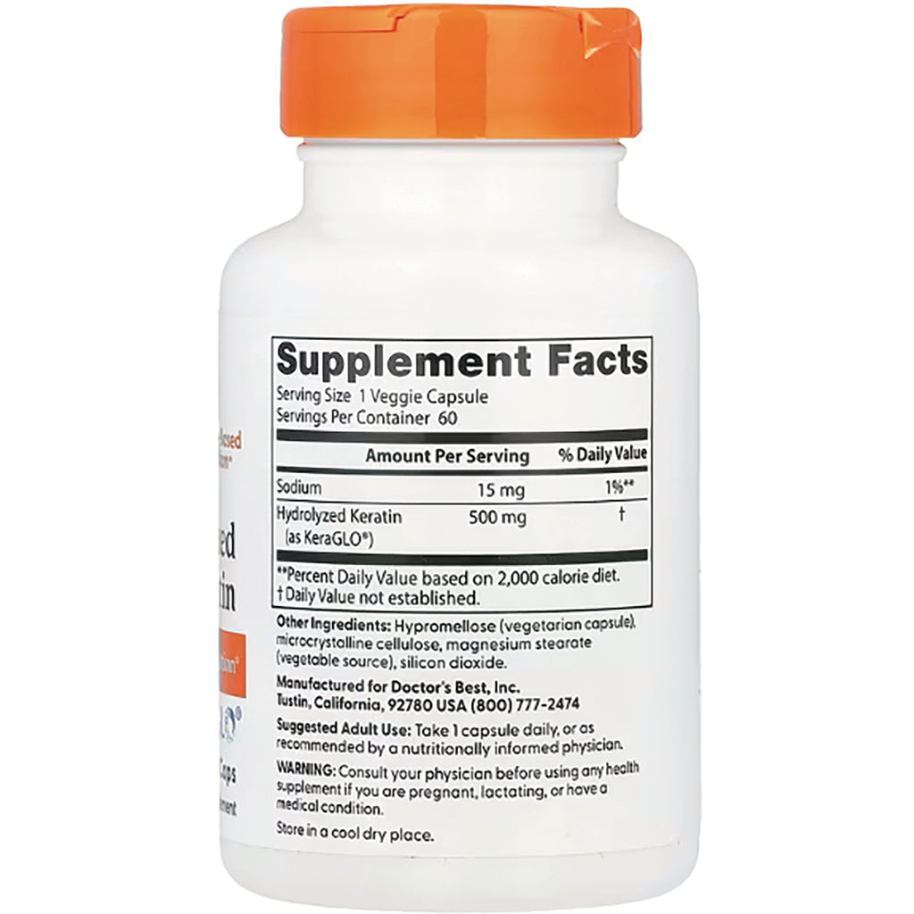 DB280 | bottle back showing Supplement Facts label listing Hydrolyzed Keratin 500 mg and serving size 1 veggie capsule - Thumbnail