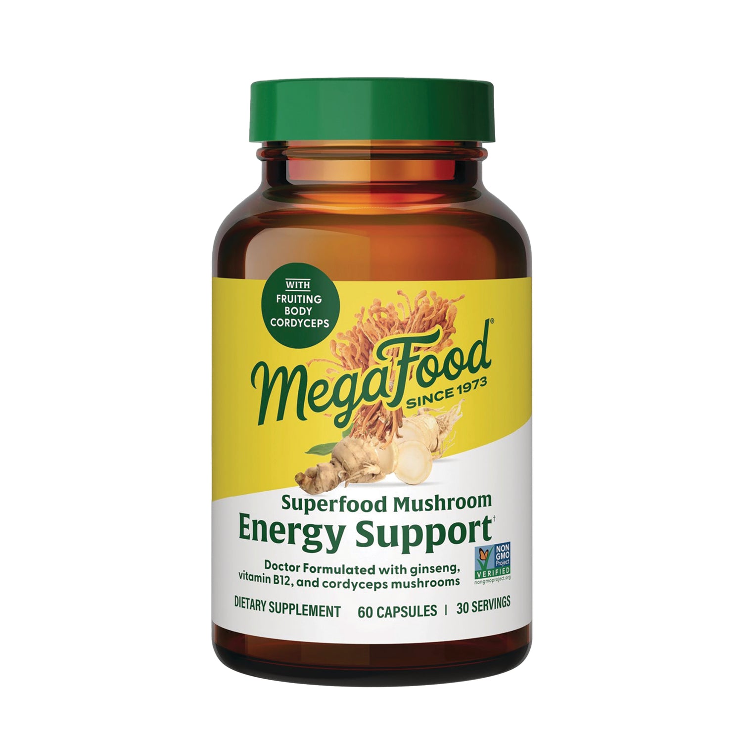 MGF141 | MegaFood Superfood Mushroom Energy Support supplement bottle front label, 60 capsules