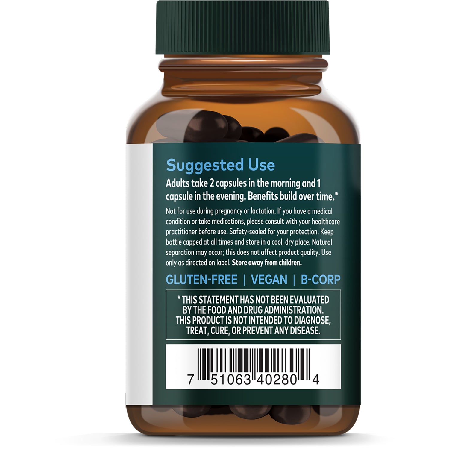 GH018 | Supplement Facts panel on amber bottle showing serving size 2 capsules, ingredient and herbal extract blend list