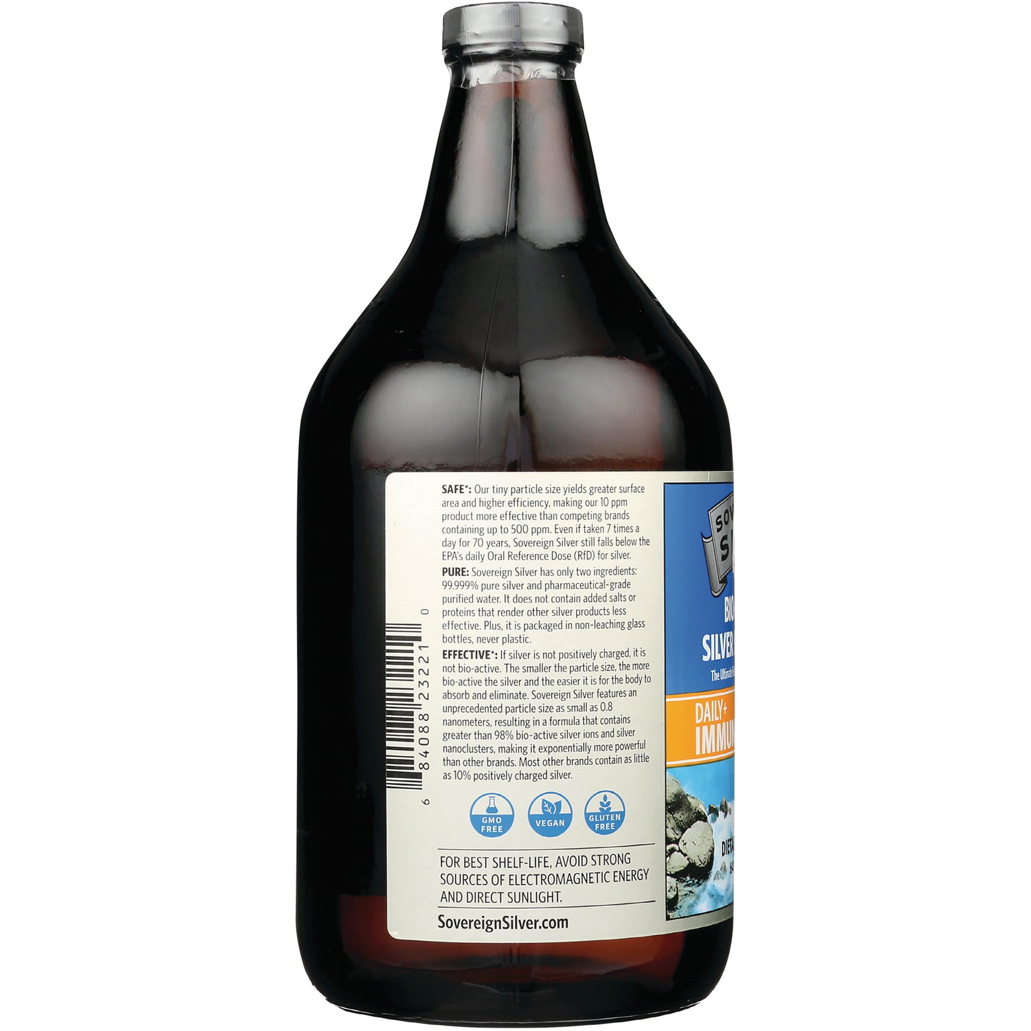 SSL011 | Back label of Sovereign Silver bottle with ingredients, barcode, GMO Free, Vegan, Gluten Free, SovereignSilver.com