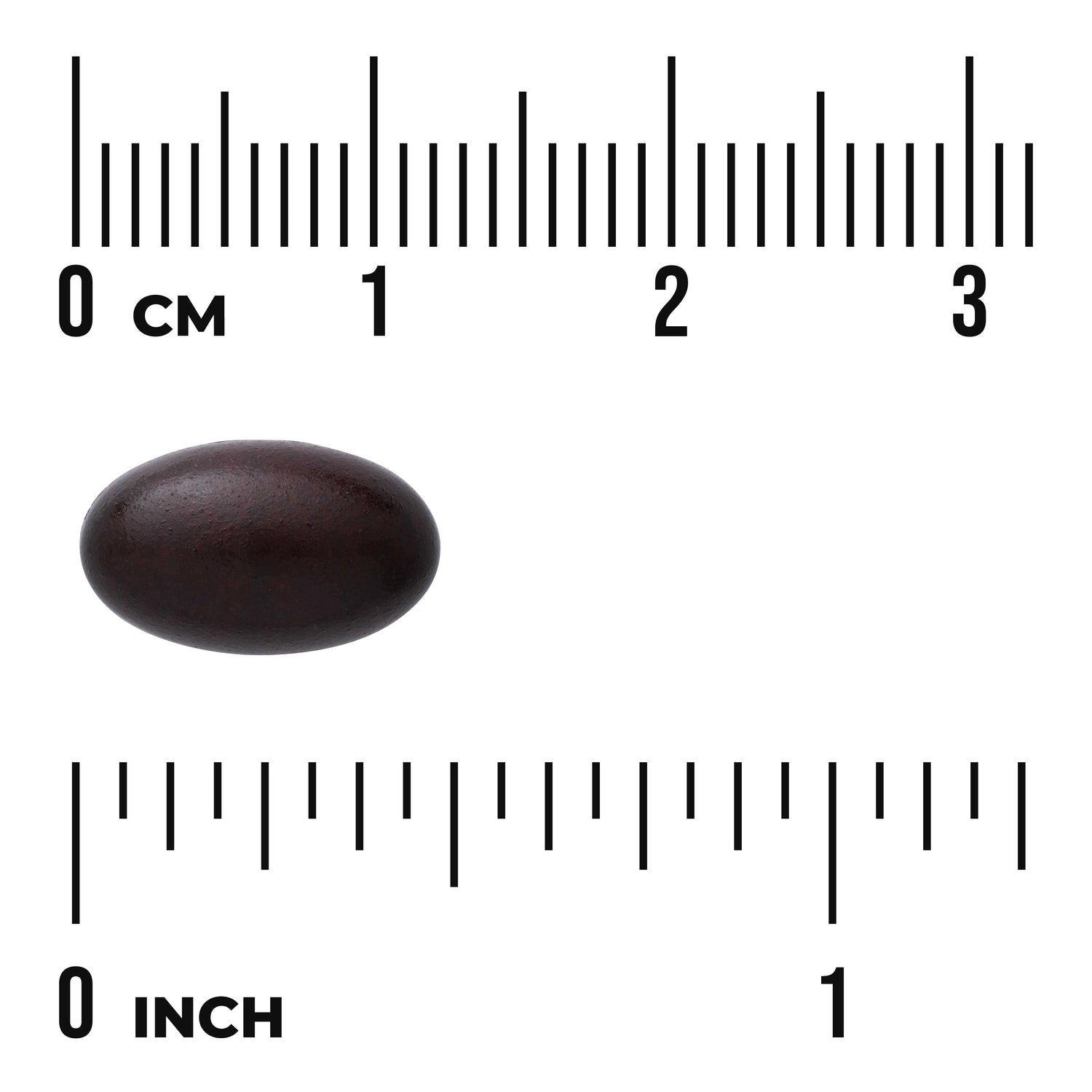 SW904 | Dark oval softgel shown to scale with rulers labeled 0 cm and 0 inch