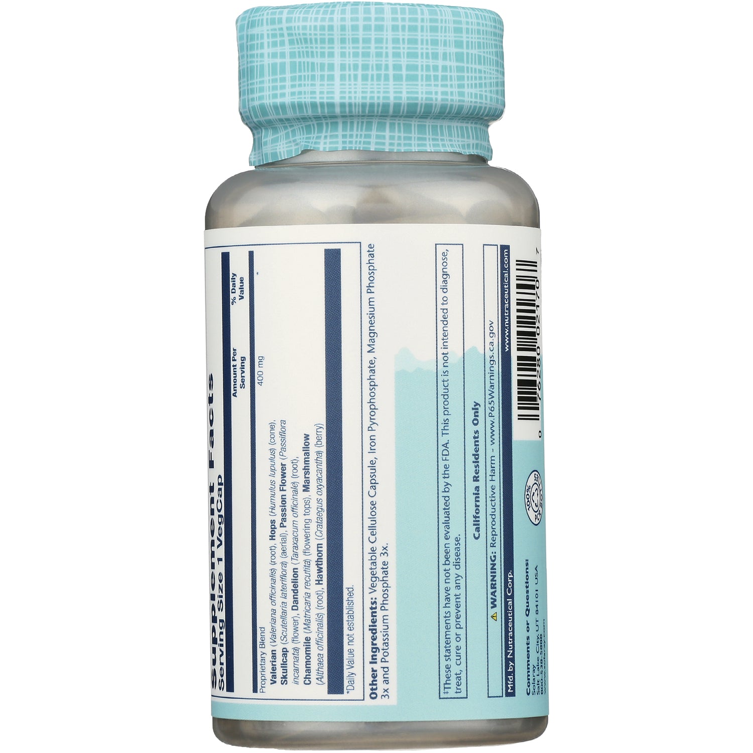 SLR222 | back of white supplement bottle showing nutrition facts panel, ingredients list, barcode and teal patterned cap