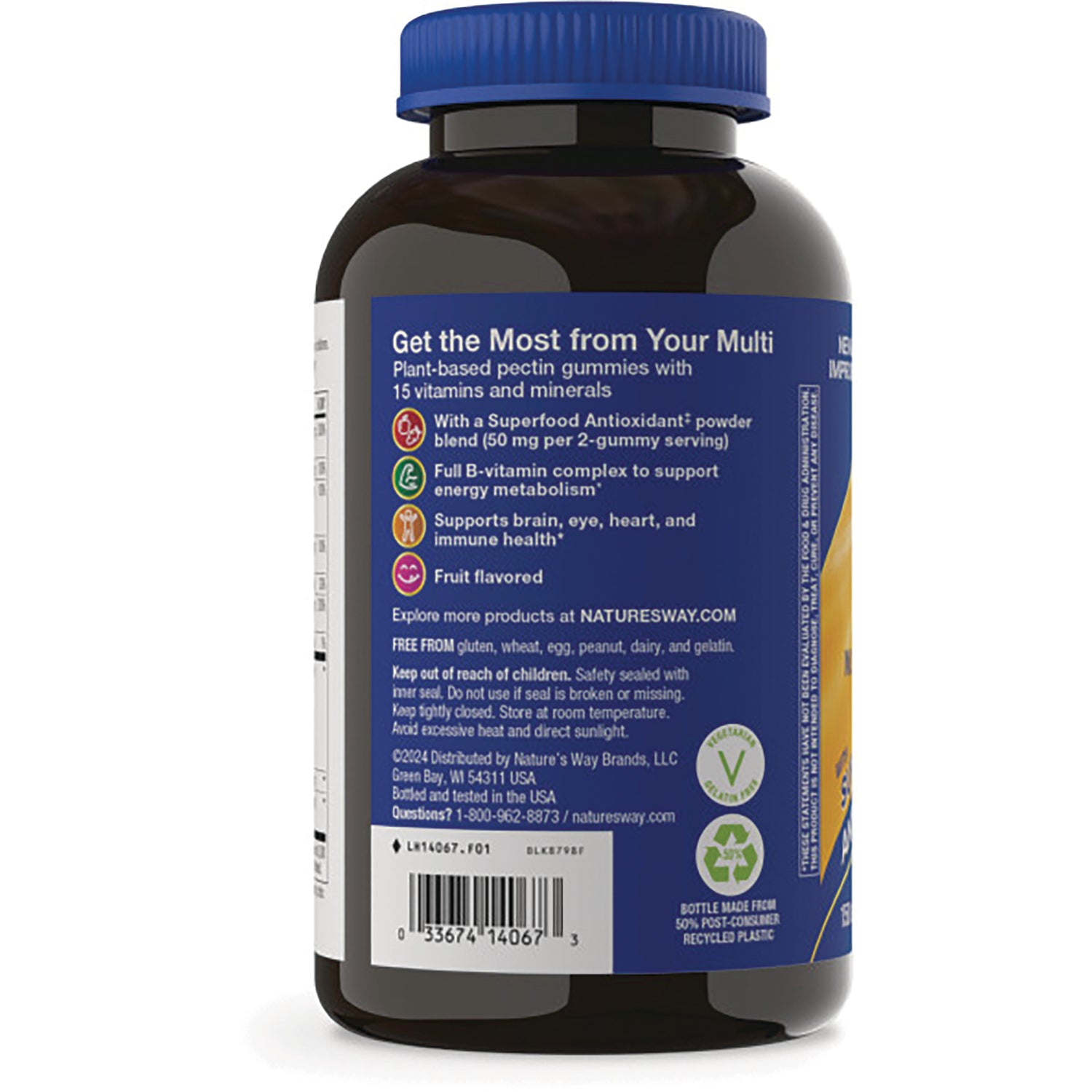NW1031 | Back label of multivitamin gummies showing benefits bullet points, warnings, and barcode