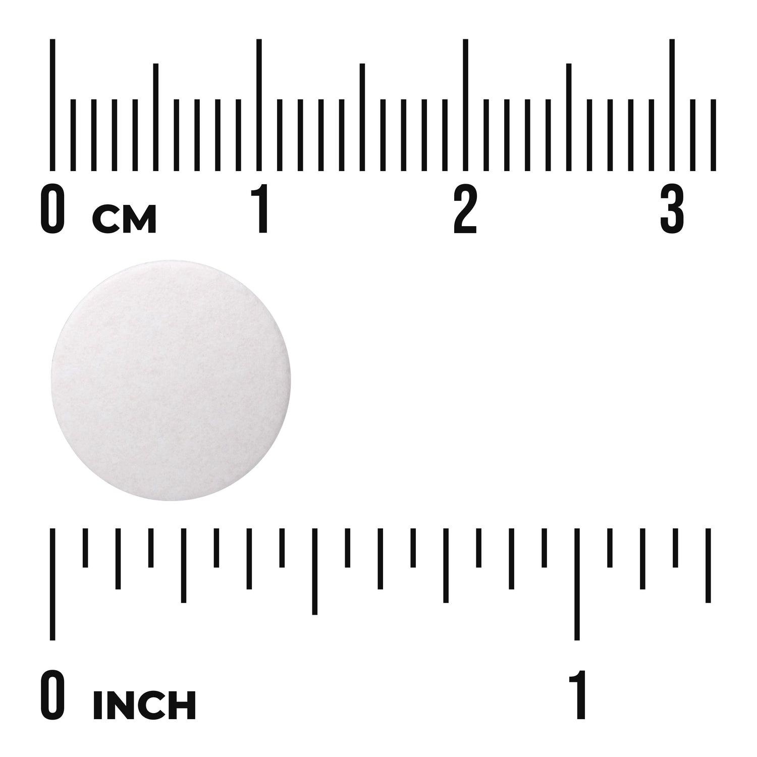 SW279 | Round white tablet shown with cm and inch rulers for size