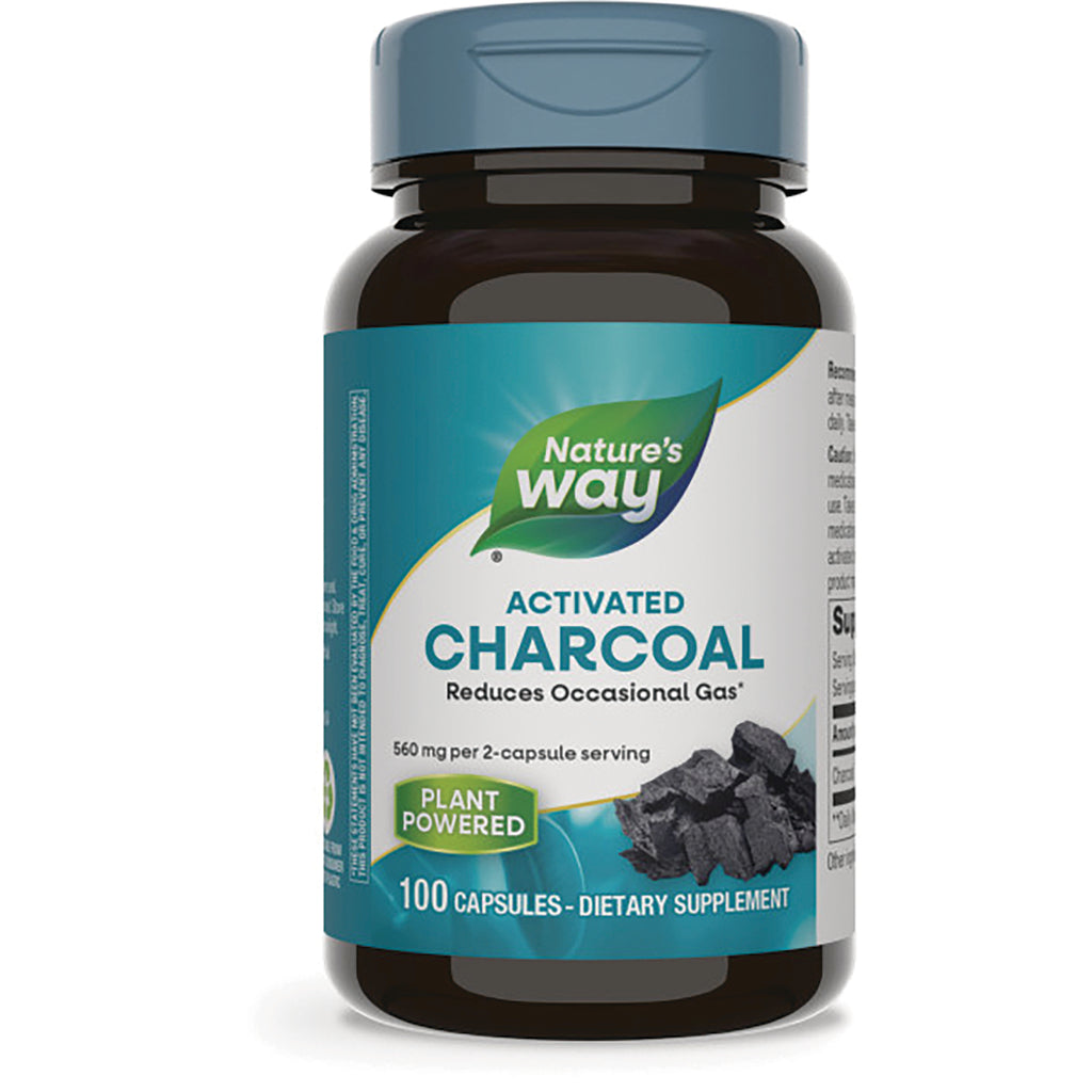 NW380 | Nature's Way Activated Charcoal 100 capsules bottle front label with Plant Powered badge - Thumbnail