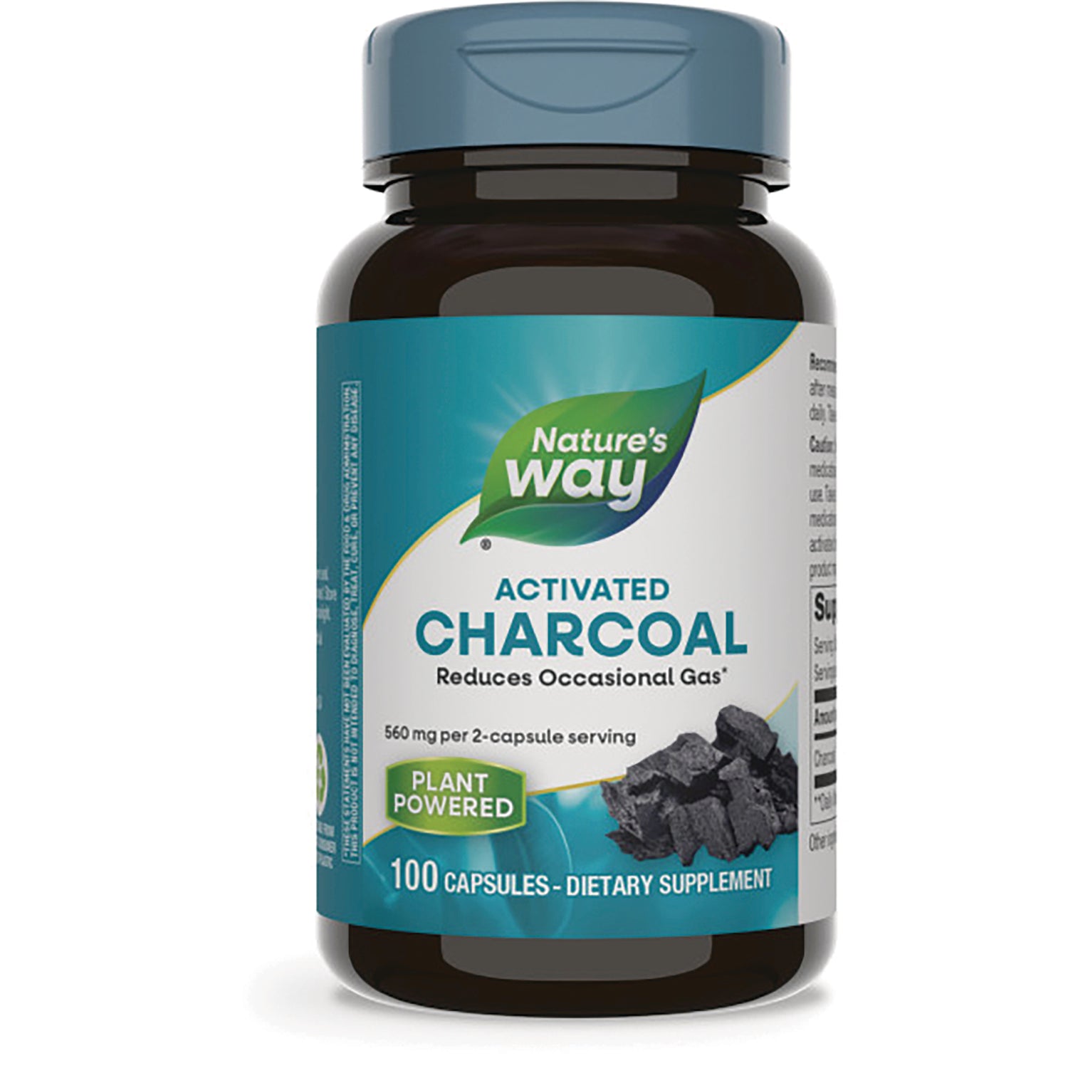 NW380 | Nature's Way Activated Charcoal 100 capsules bottle front label with Plant Powered badge