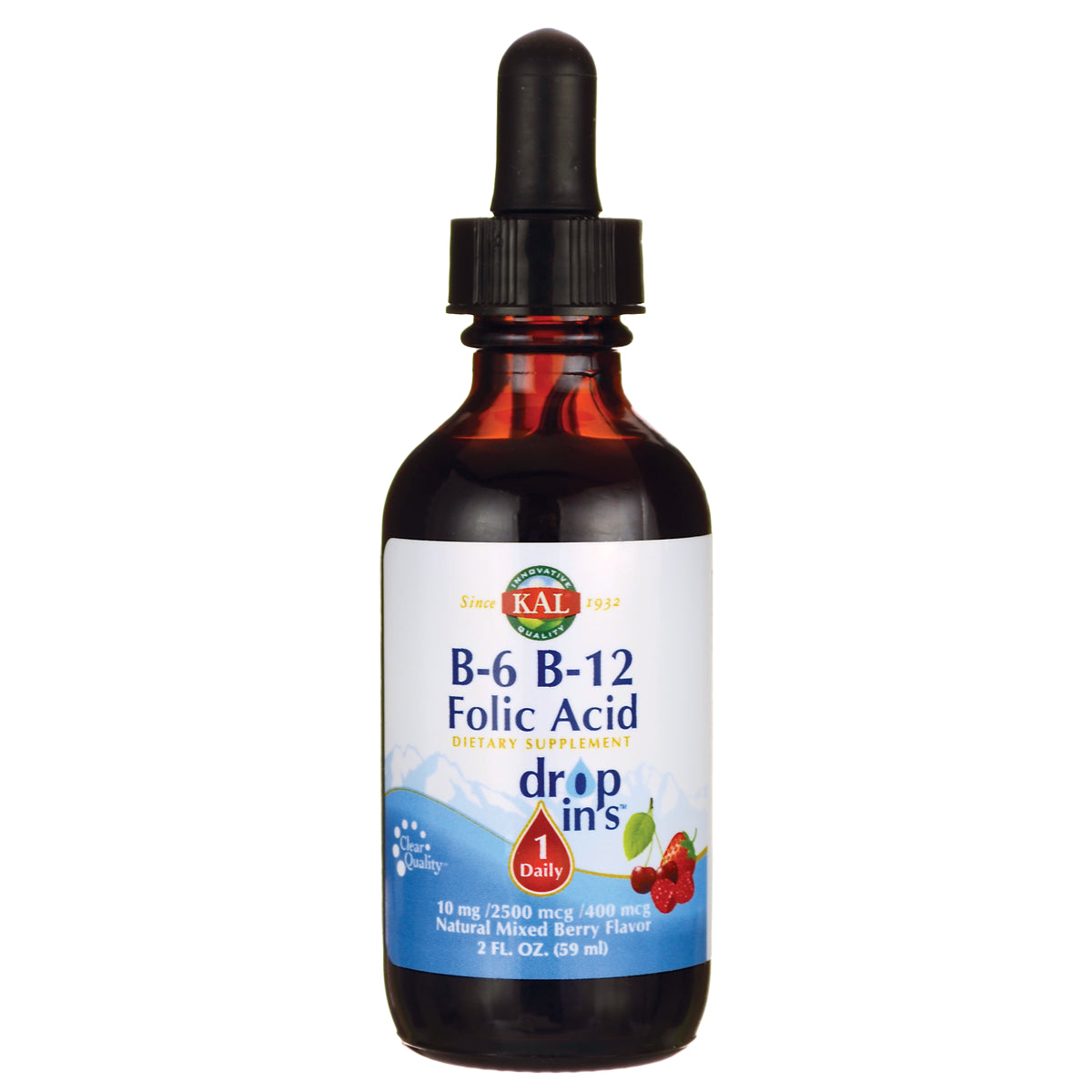 KL537 | amber dropper bottle labeled B-6 B-12 Folic Acid drop ins, natural mixed berry flavor, 2 fl oz