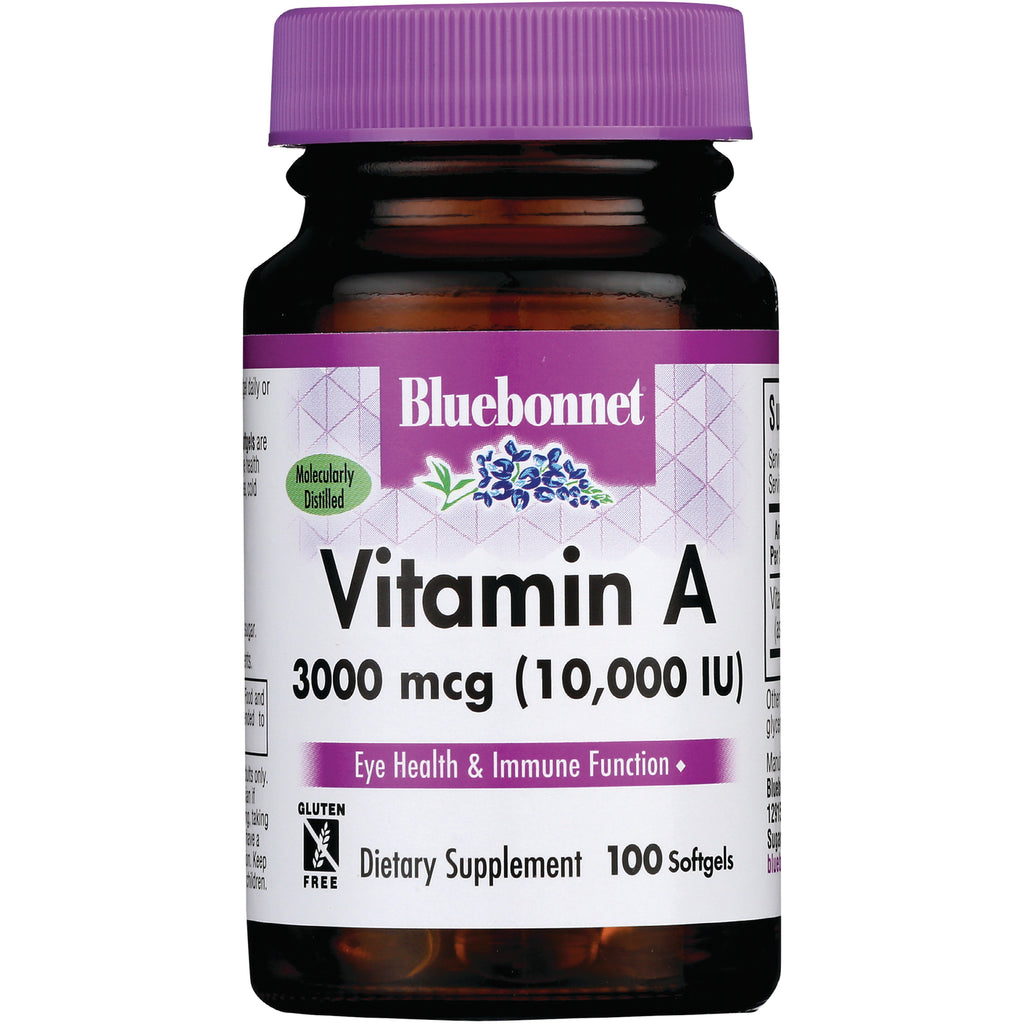 BLU121 | Bluebonnet Vitamin A bottle front label 3000 mcg (10,000 IU), eye health & immune function, 100 softgels - Thumbnail