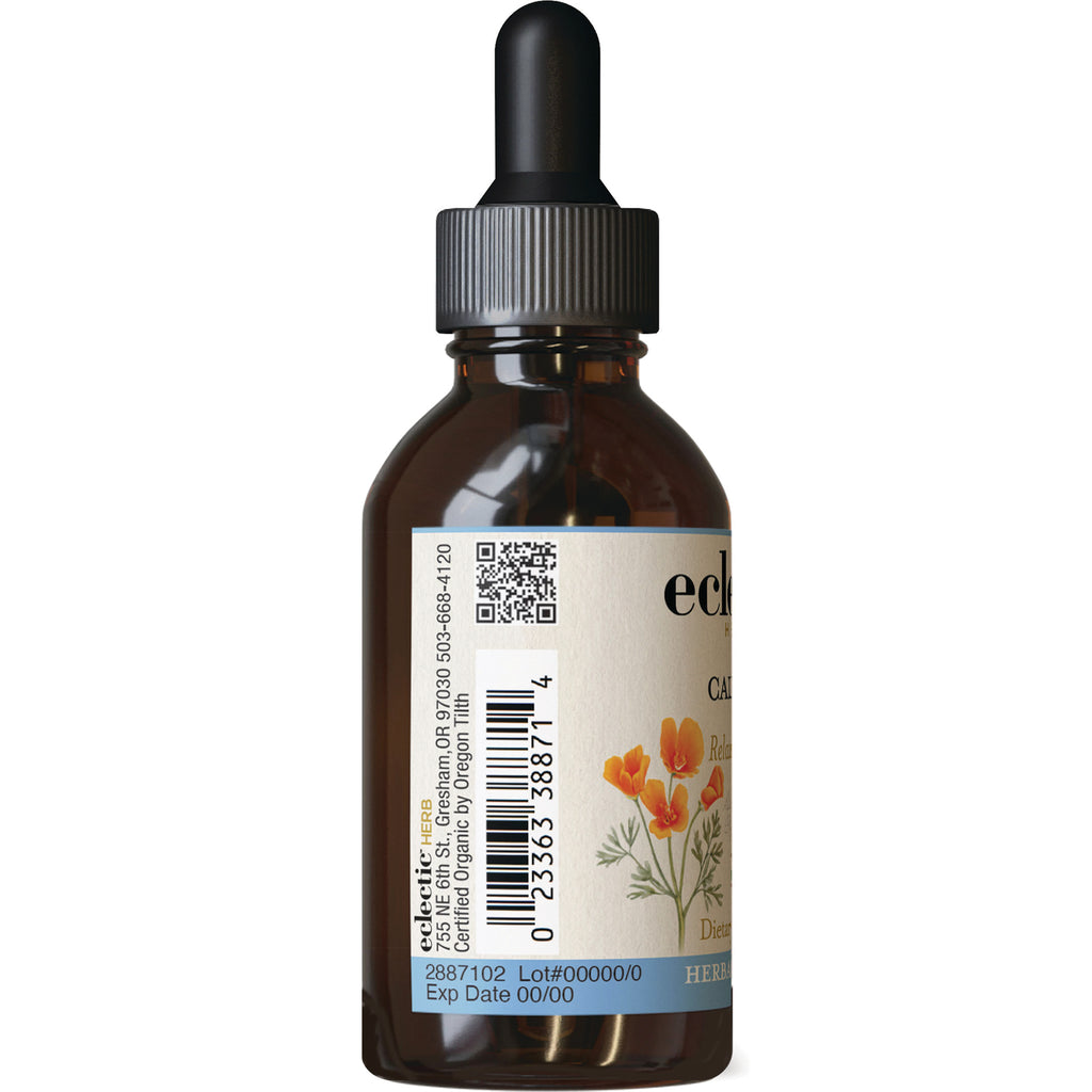 EC023 | back of amber glass dropper bottle showing label with barcode, QR code, floral illustration and lot and exp date - Thumbnail