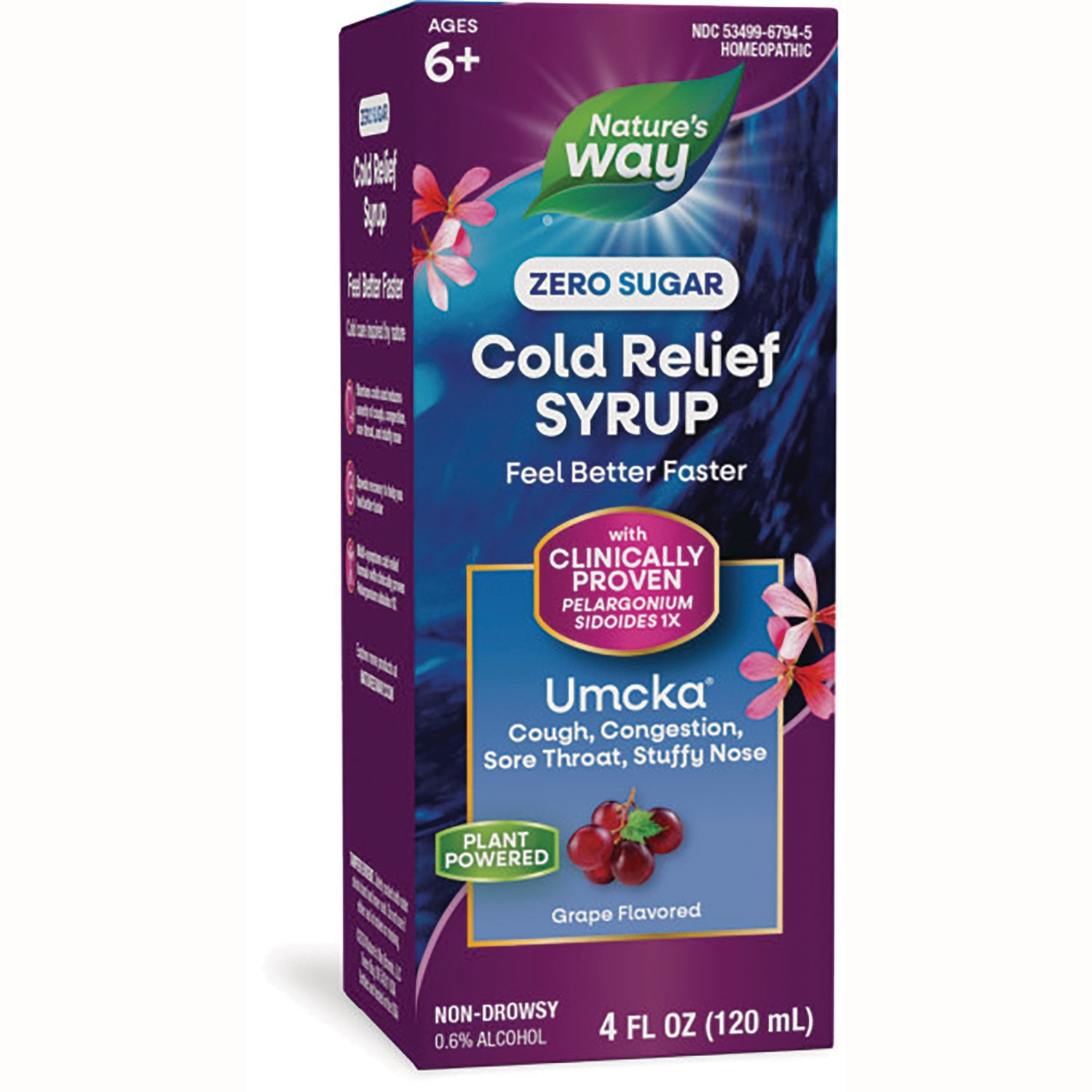 NW629 | Nature's Way Umcka Zero Sugar Cold Relief Syrup grape flavored 4 fl oz front packaging