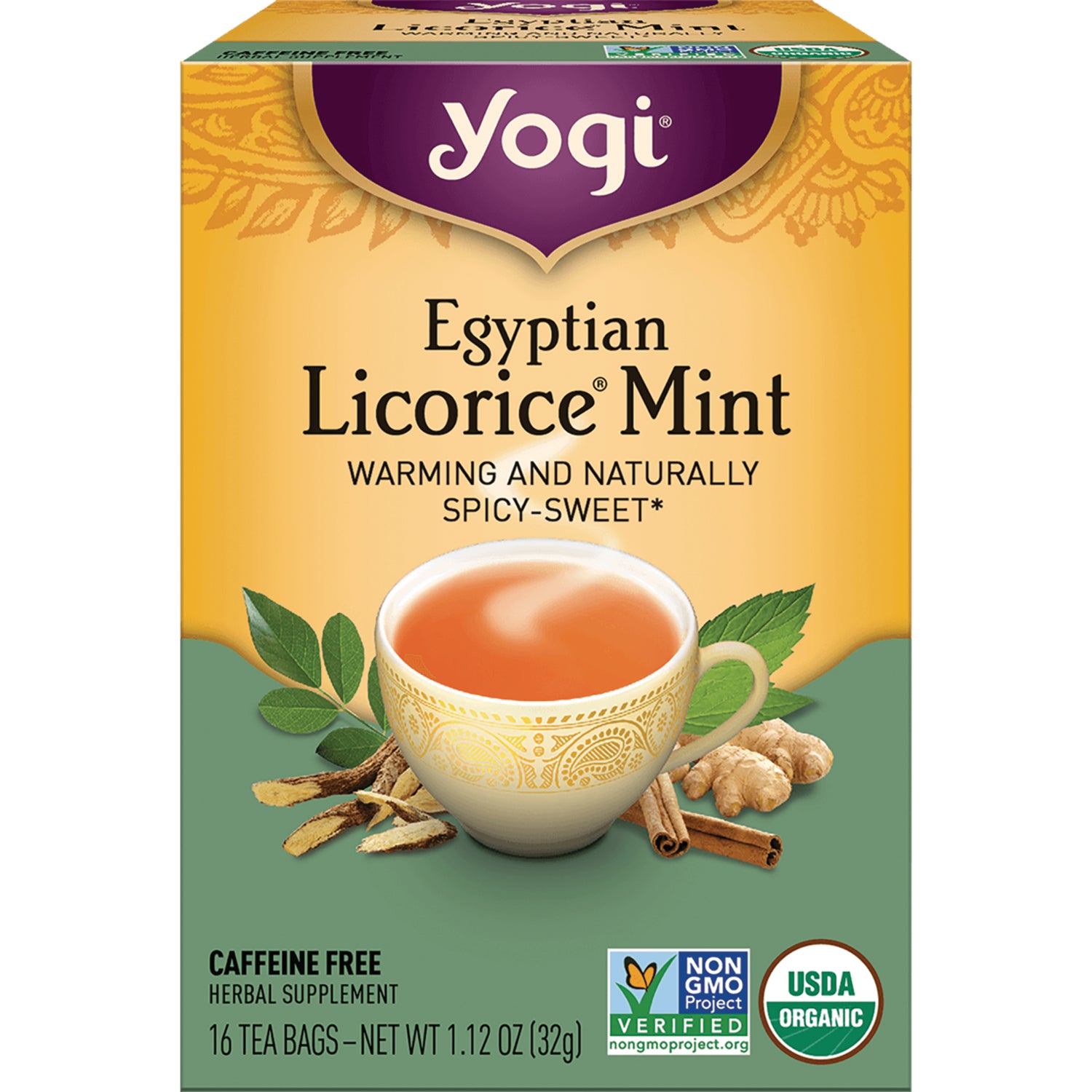 AHW008 | Yogi Egyptian Licorice Mint tea box, caffeine free herbal supplement, 16 tea bags, USDA Organic