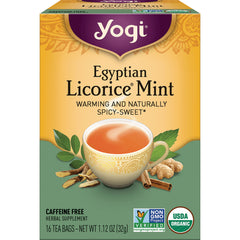AHW008 | Yogi Egyptian Licorice Mint tea box, caffeine free herbal supplement, 16 tea bags, USDA Organic