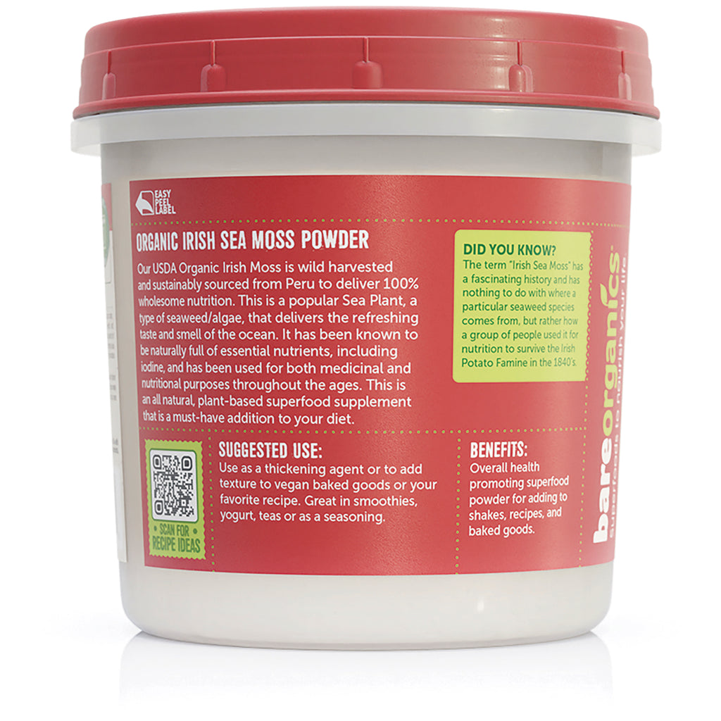 BOR011 | Back label of Organic Irish Sea Moss Powder tub showing product description, suggested use, benefits, and QR code - Thumbnail