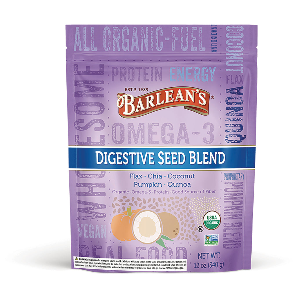 BAR113 | Barlean's Digestive Seed Blend purple resealable pouch showing flax, chia, coconut, pumpkin and quinoa - Thumbnail