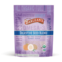 BAR113 | Barlean's Digestive Seed Blend purple resealable pouch showing flax, chia, coconut, pumpkin and quinoa