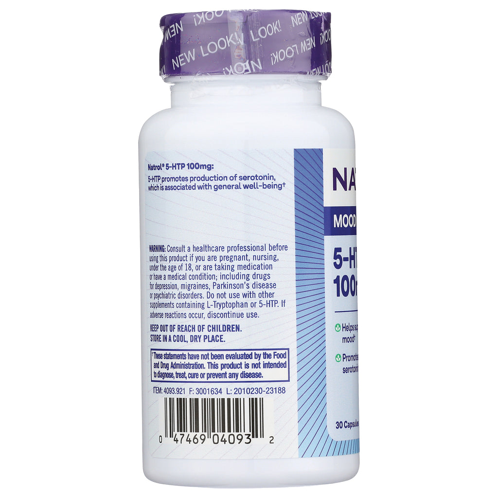NA332 | Back of white supplement bottle showing warning text, barcode, and partial 5-HTP 100mg label - Thumbnail