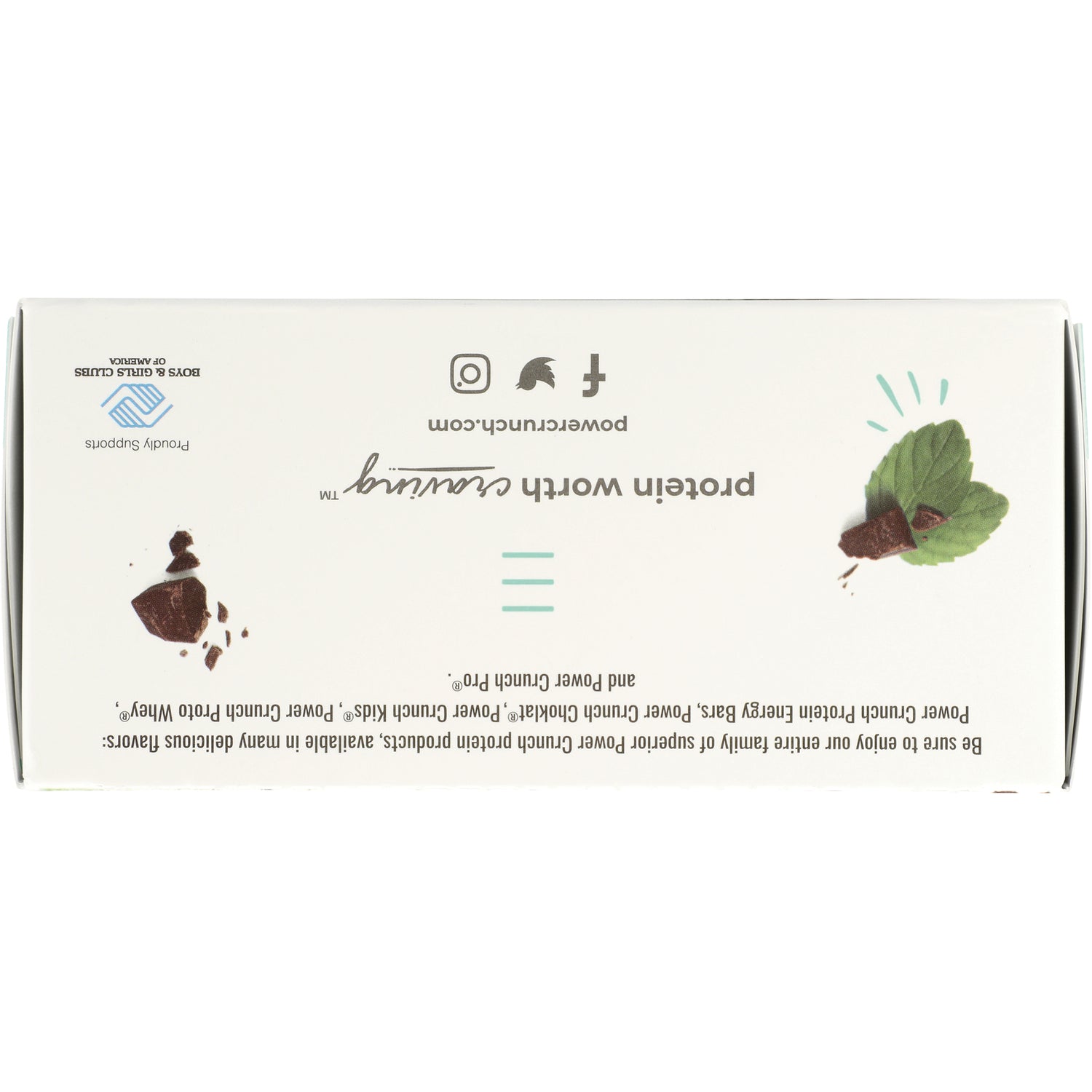 BNR011 | Back of white product box with mint leaf and chocolate graphics and ingredient text