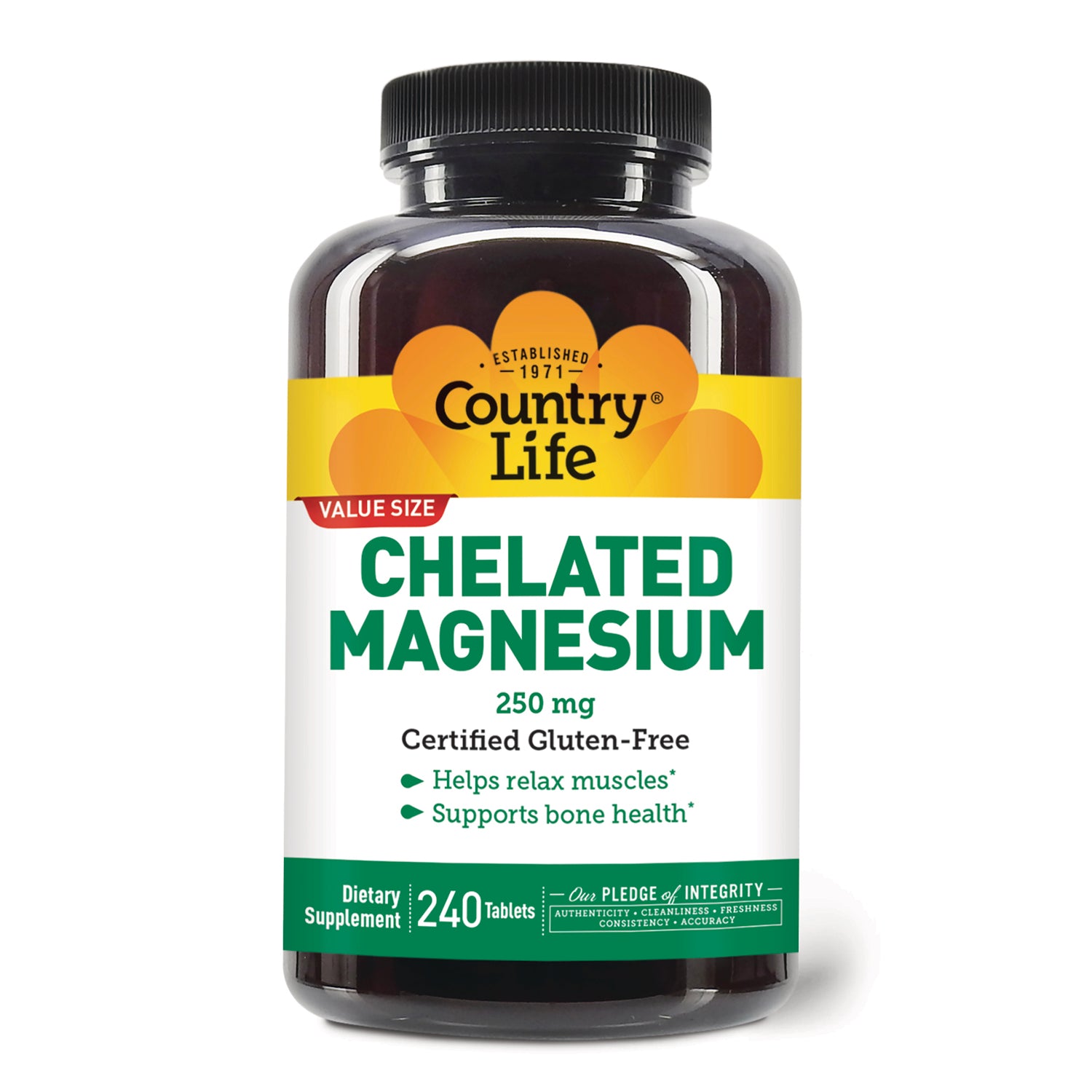 CRL650 | Country Life Chelated Magnesium 250 mg dietary supplement bottle, front label, 240 tablets