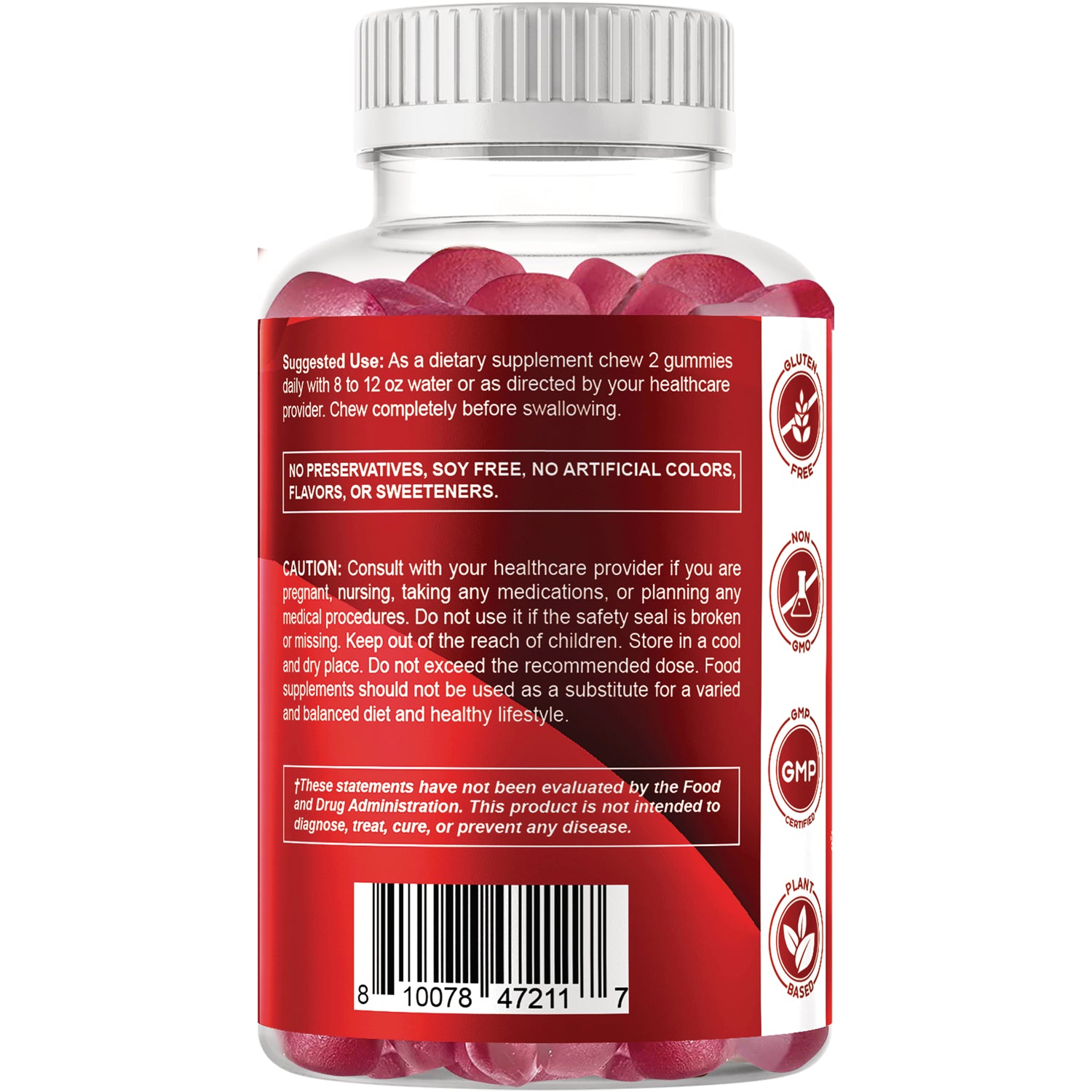 VAM013 | Back label of gummy supplement bottle with Suggested Use, caution text, gluten free and non-GMO icons, and barcode
