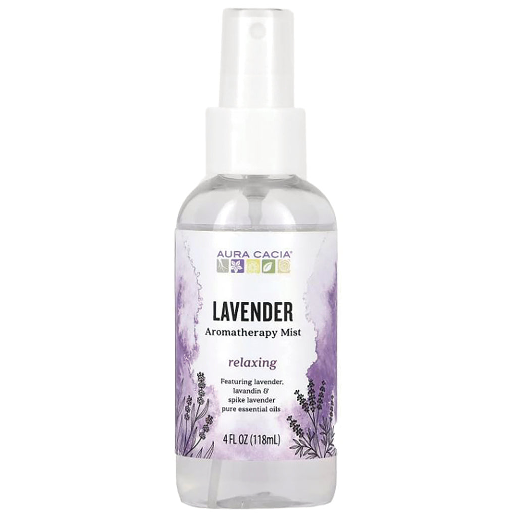 ARC052 | Aura Cacia Lavender aromatherapy mist bottle front label, 4 fl oz, relaxing with lavender illustrations - Thumbnail