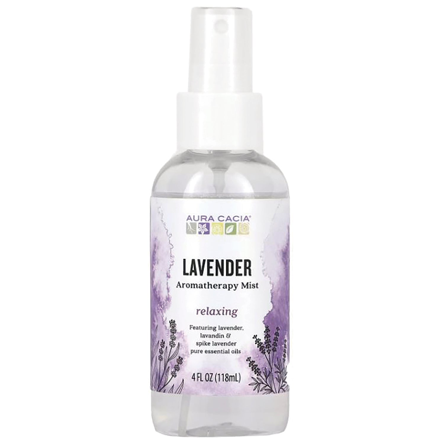 ARC052 | Aura Cacia Lavender aromatherapy mist bottle front label, 4 fl oz, relaxing with lavender illustrations