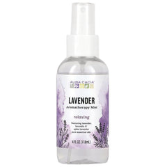 ARC052 | Aura Cacia Lavender aromatherapy mist bottle front label, 4 fl oz, relaxing with lavender illustrations