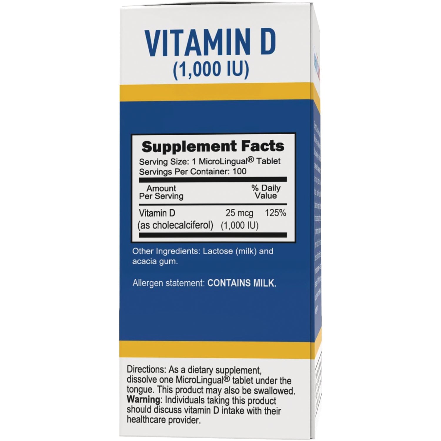 SUS015 | Vitamin D 1,000 IU box back with Supplement Facts: 25 mcg per tablet (100 servings); allergen: contains milk