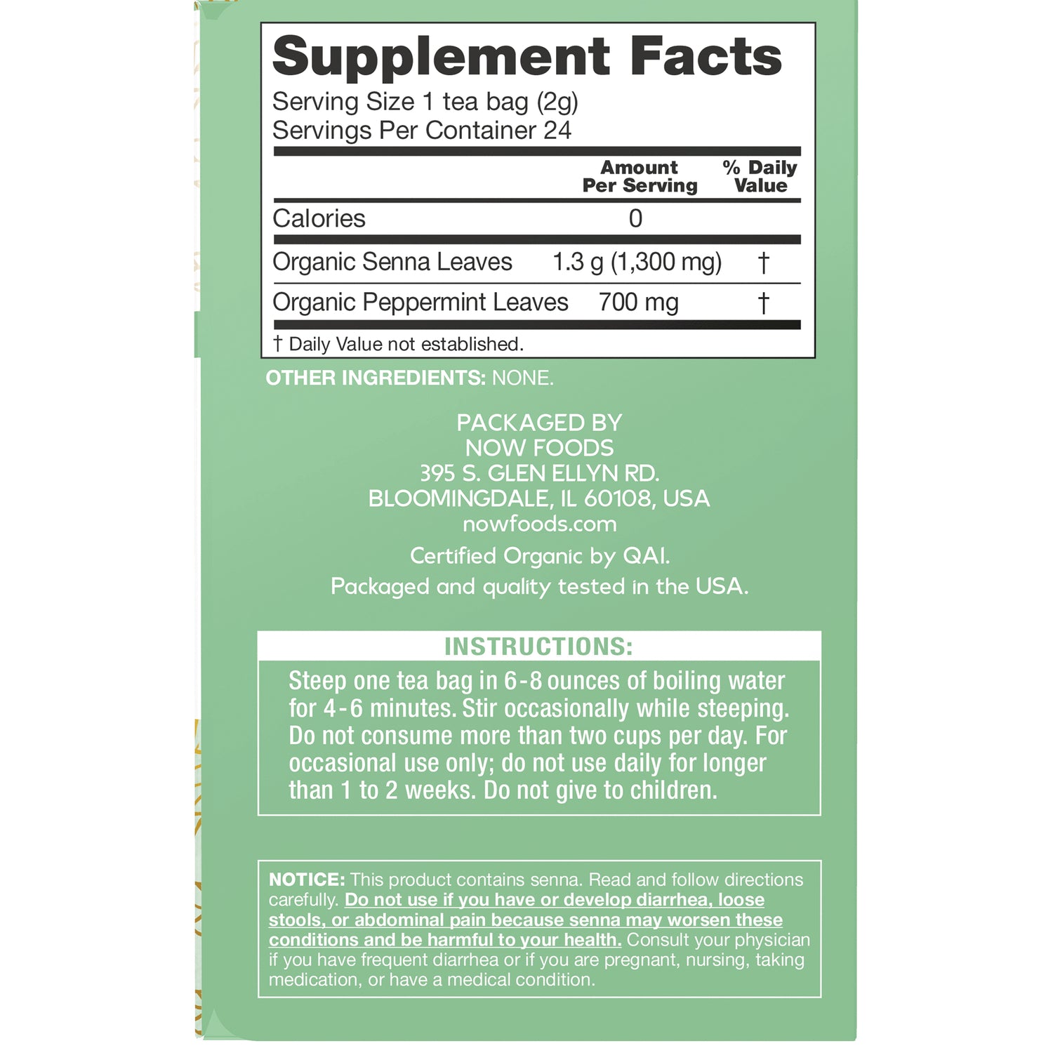 NWF1412 | back panel with Supplement Facts, ingredient list, steeping instructions and warning text on green packaging