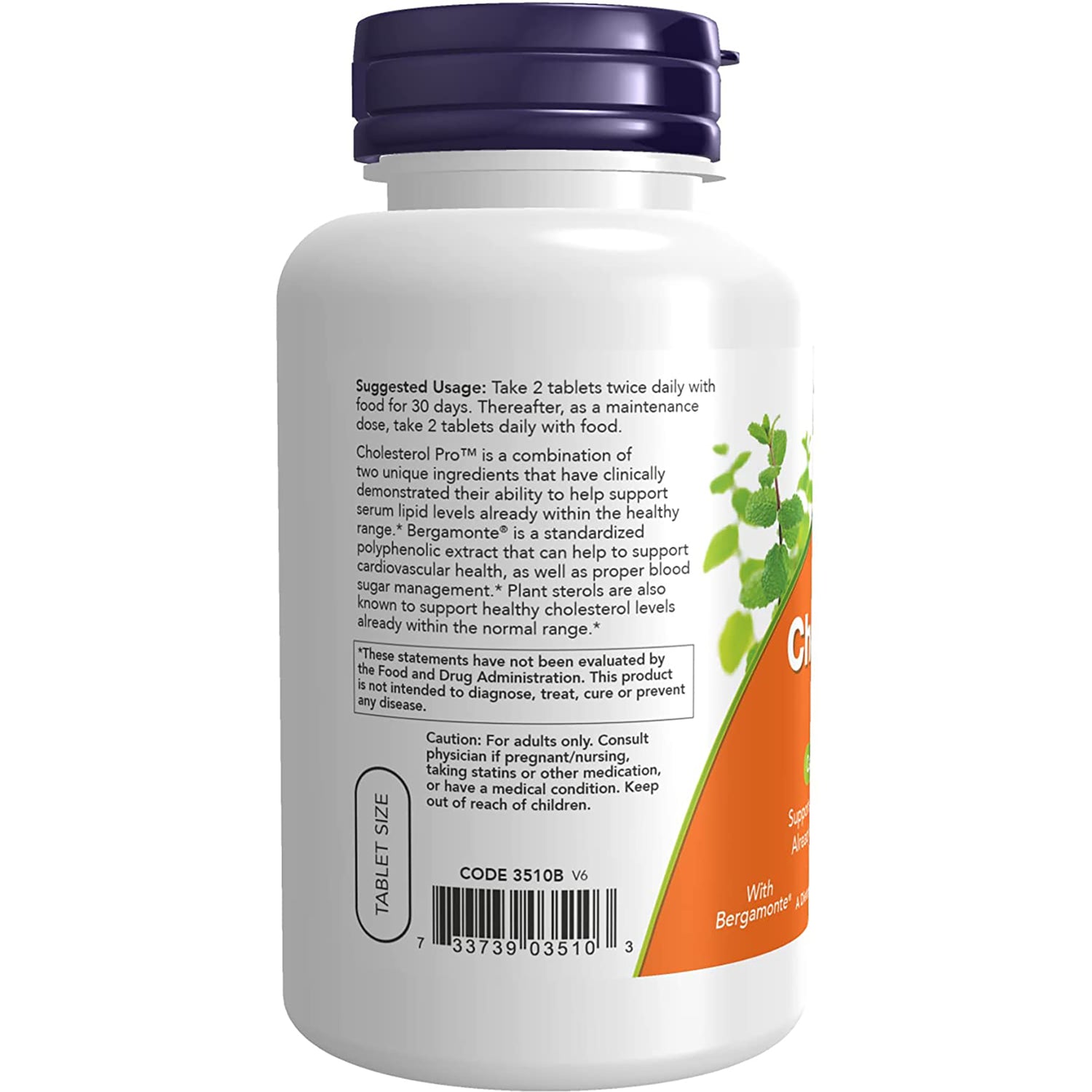 NWF985 | Back label of white supplement bottle showing suggested usage, warnings, barcode and tablet size