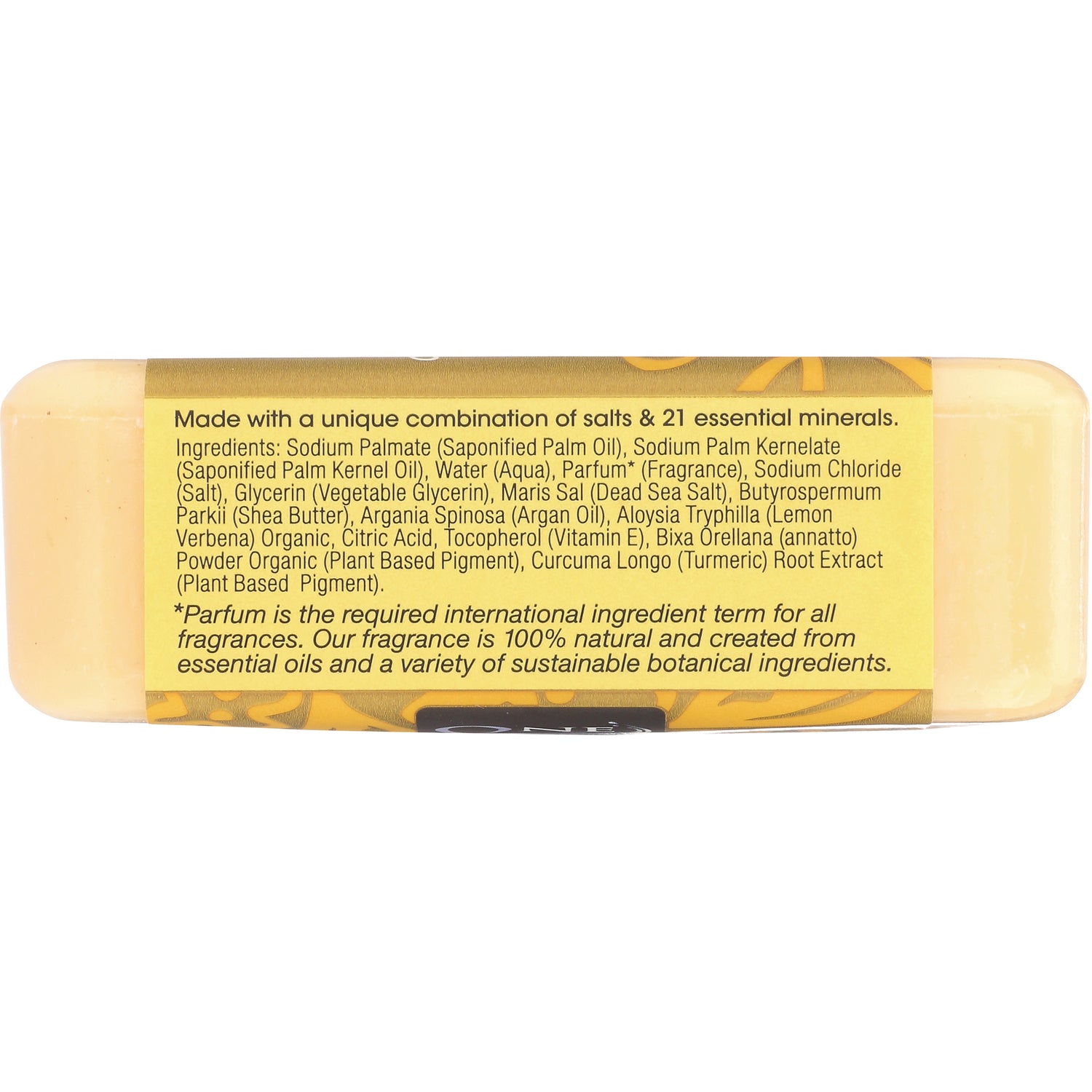 OWN009 | Back label of yellow soap bar showing ingredients and product information