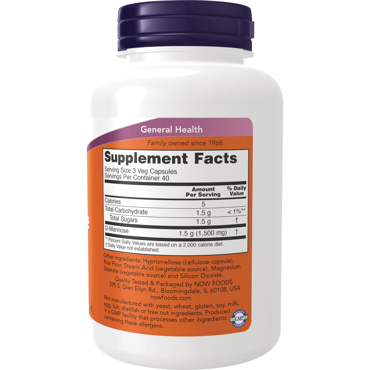NWF742 | Back label showing Supplement Facts and ingredients for D-Mannose 1.5 g per serving