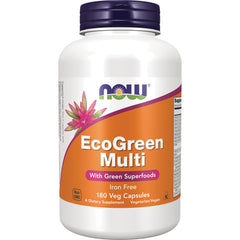 NWF304 | NOW EcoGreen Multi supplement bottle front label with Green Superfoods, iron free, 180 veg capsules