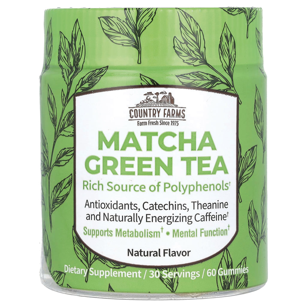 CFR028 | Country Farms Matcha Green Tea supplement jar with green label reading MATCHA GREEN TEA Natural Flavor, 60 gummies - Thumbnail