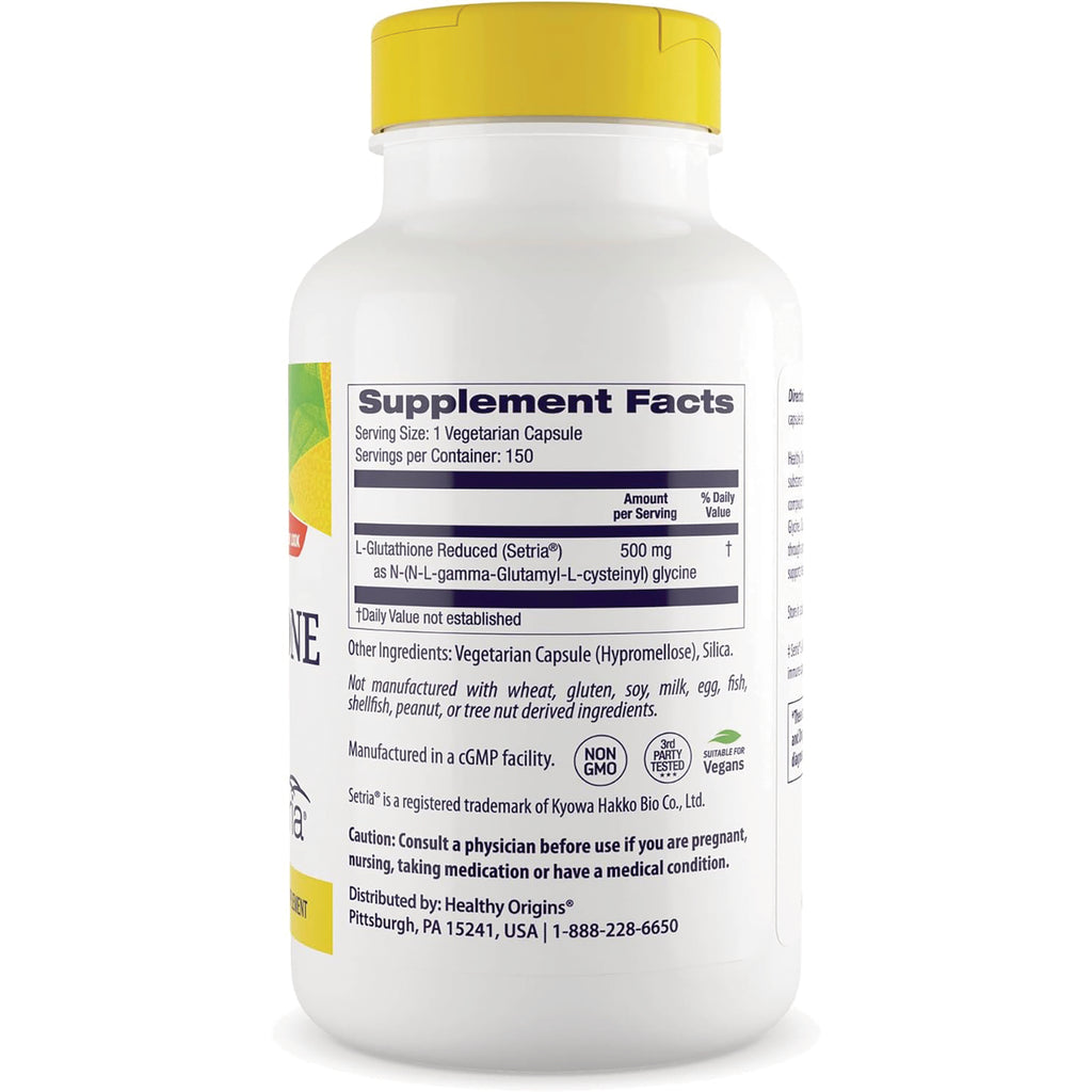 HRG057 | Back label showing Supplement Facts panel on white supplement bottle with yellow cap, L-Glutathione 500 mg - Thumbnail