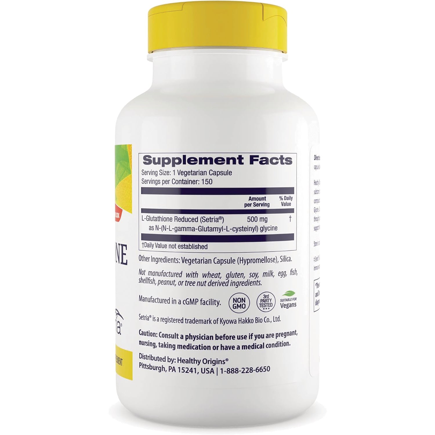 HRG057 | Back label showing Supplement Facts panel on white supplement bottle with yellow cap, L-Glutathione 500 mg