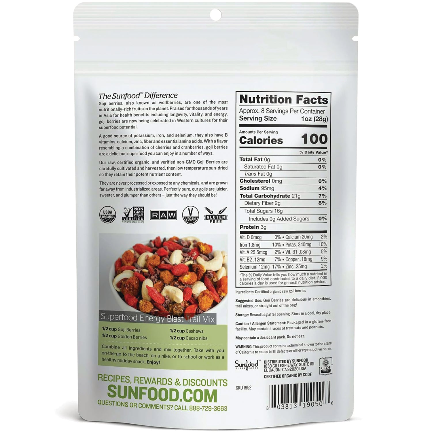 SNF011 | Back of Sunfood Goji Berries pouch with Nutrition Facts, certifications, and recipe panel