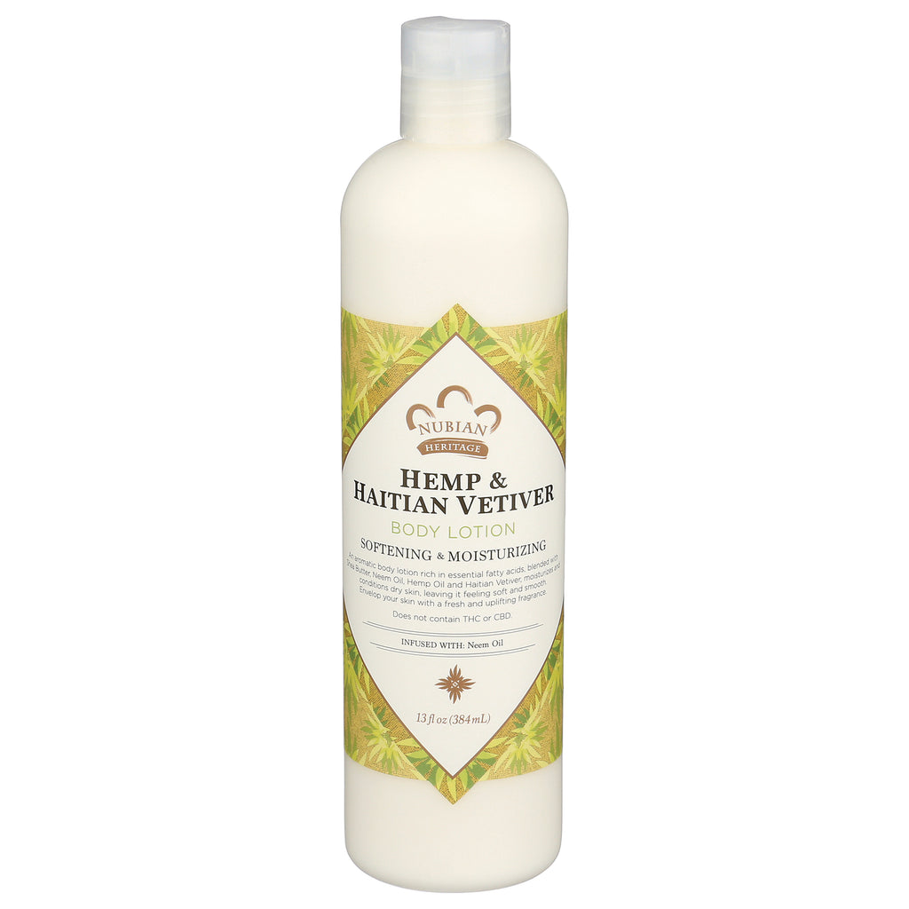 NBH052 | Nubian Heritage Hemp & Haitian Vetiver body lotion 13 fl oz white bottle front label - Thumbnail