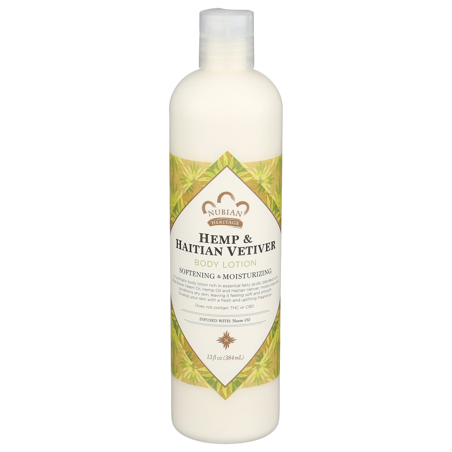 NBH052 | Nubian Heritage Hemp & Haitian Vetiver body lotion 13 fl oz white bottle front label