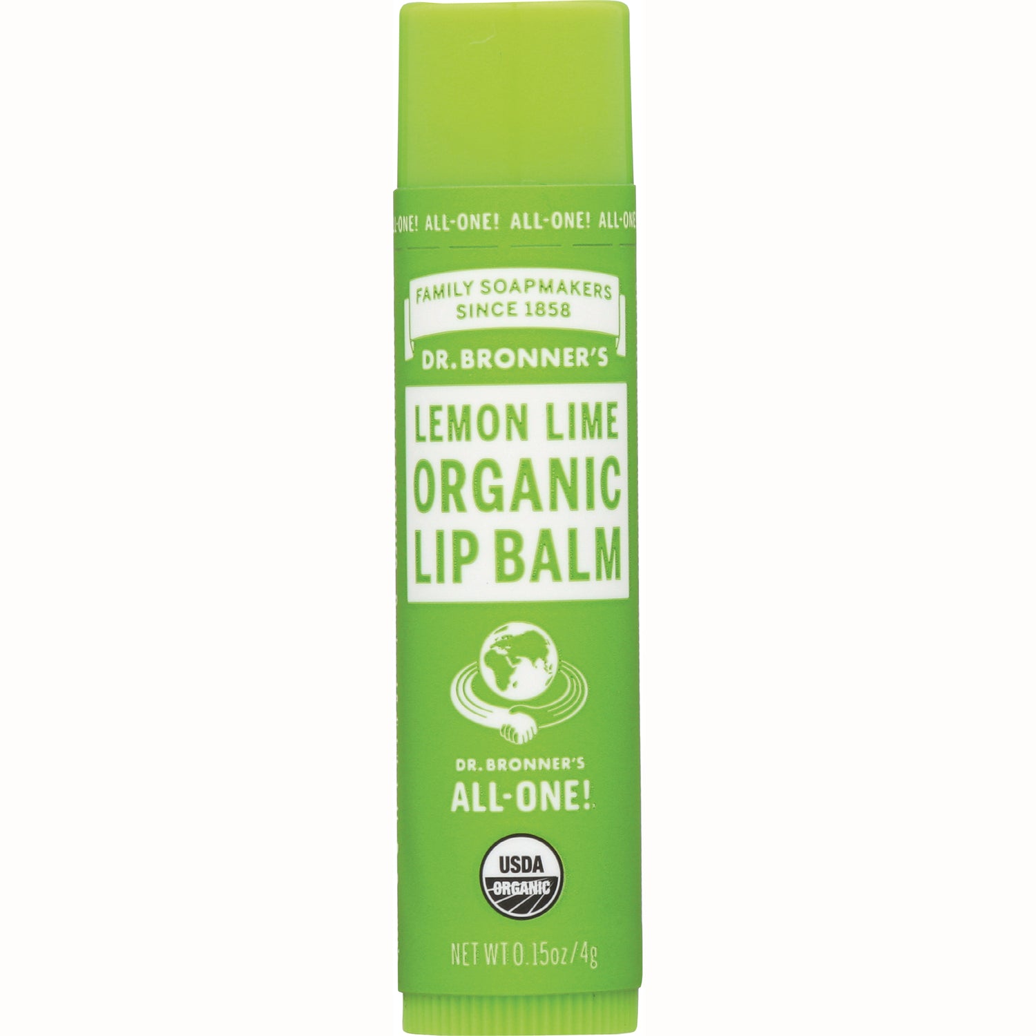 DRB031 | Dr. Bronner's Lemon Lime organic lip balm tube, green, 0.15 oz