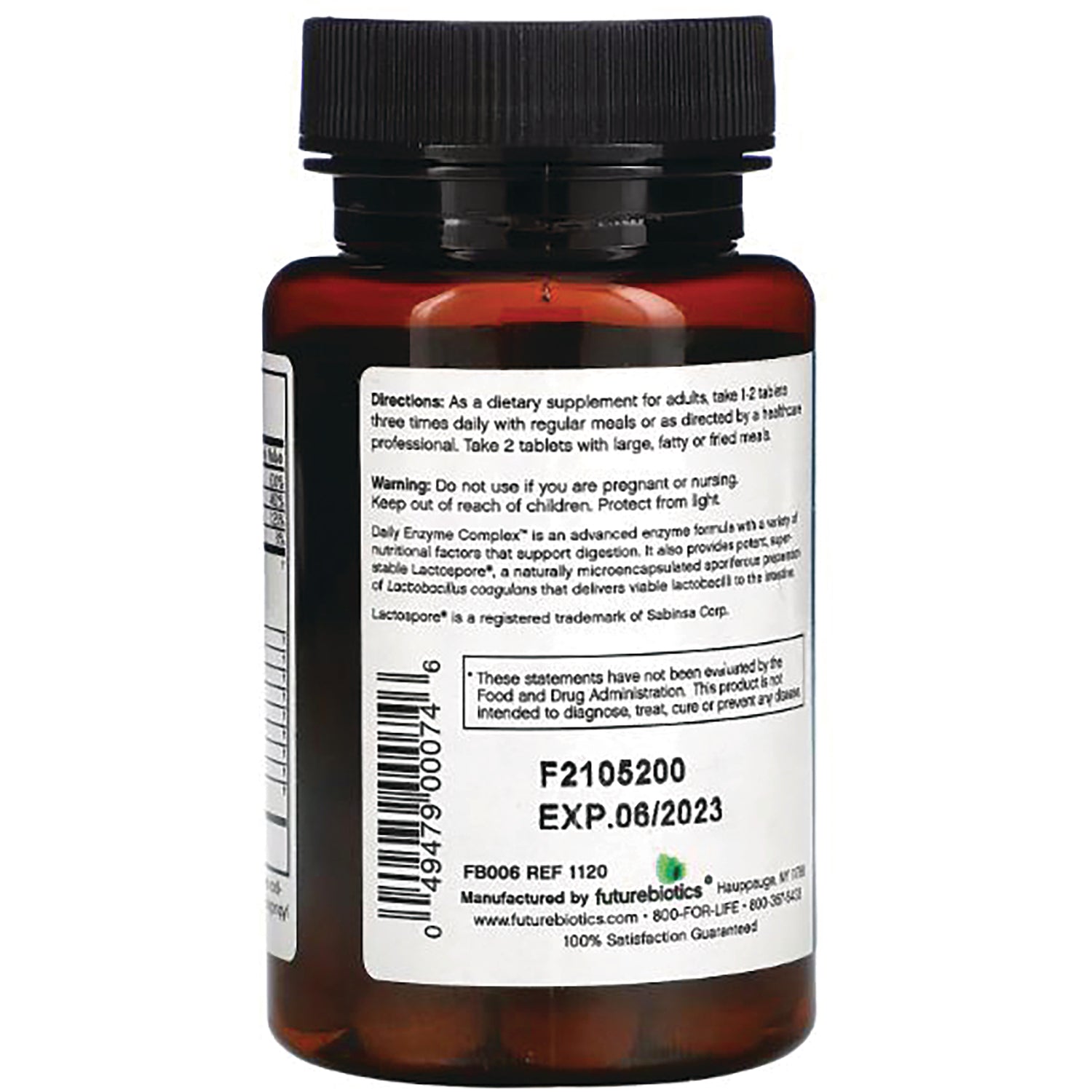 FB079 | Back of amber supplement bottle label showing directions, warnings, barcode and EXP.06/2023