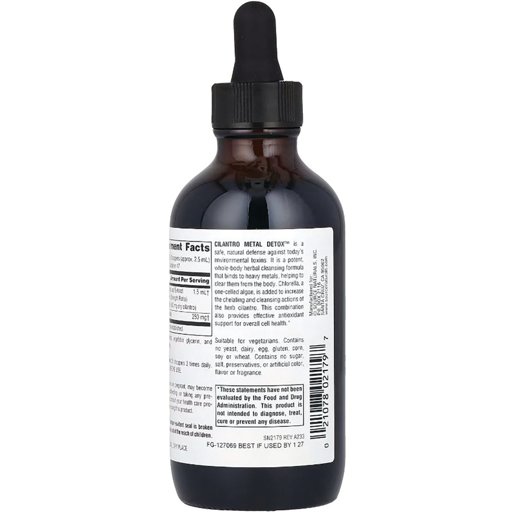 SN234 | Back label of Cilantro Metal Detox dropper bottle with Supplement Facts, ingredients, and warnings - Thumbnail