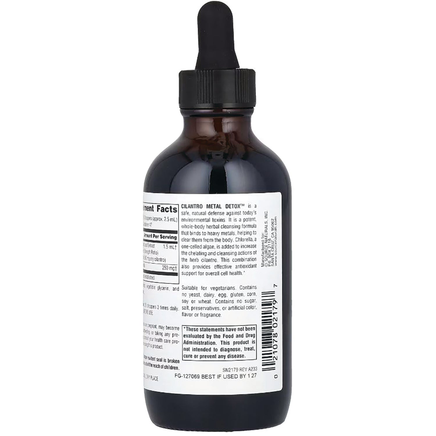 SN234 | Back label of Cilantro Metal Detox dropper bottle with Supplement Facts, ingredients, and warnings