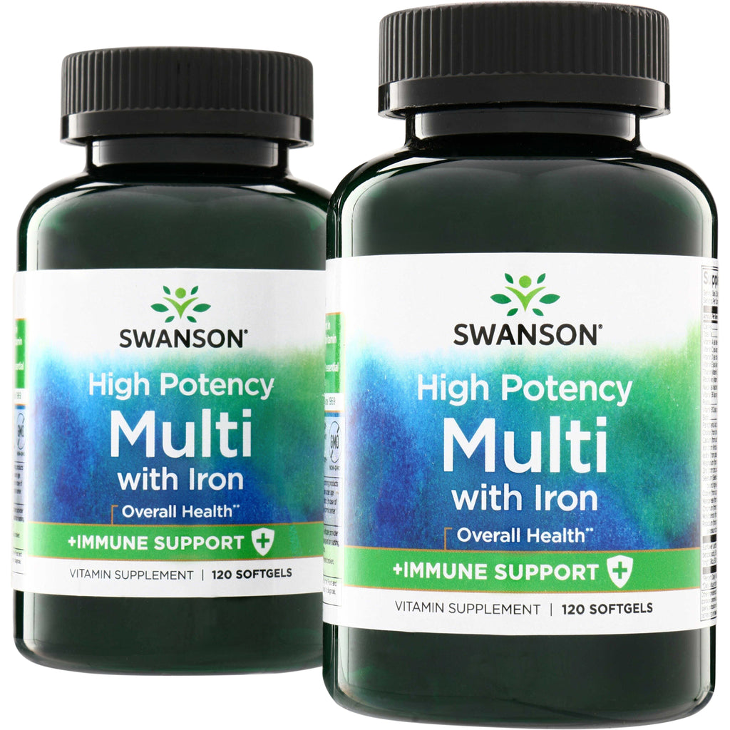 SW491 | Two Swanson dark green bottles labeled High Potency Multi with Iron 120 softgels, front view - Thumbnail