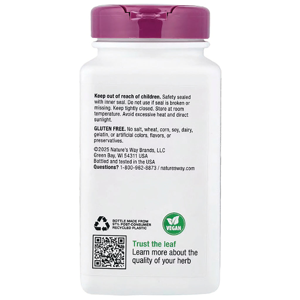 NW275 | back of white supplement bottle showing safety, gluten free and vegan statements, recycling icon and QR code - Thumbnail
