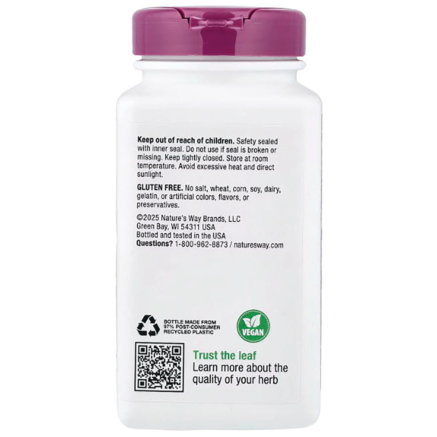NW275 | back of white supplement bottle showing safety, gluten free and vegan statements, recycling icon and QR code
